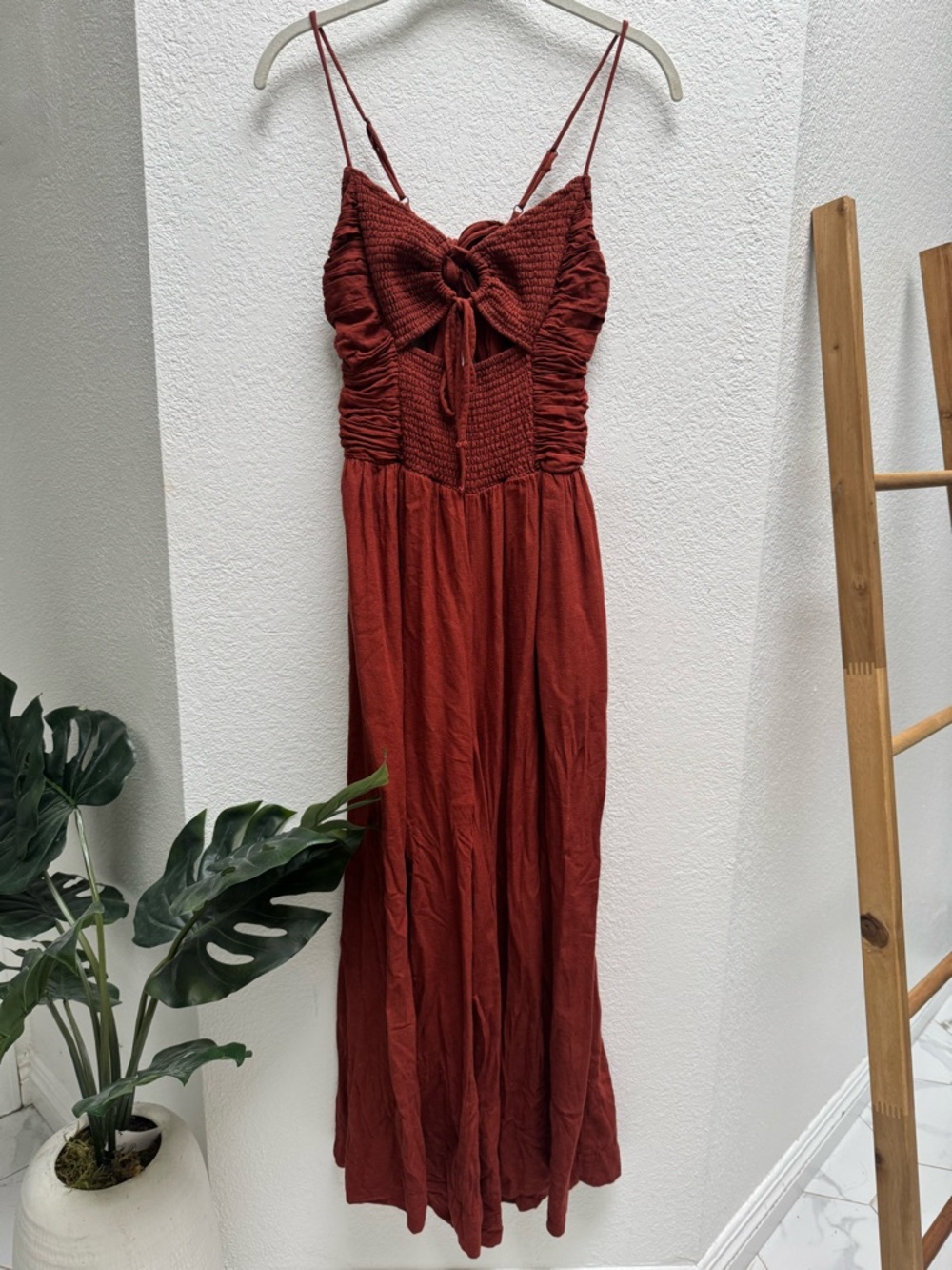 Free People Rust Brown Smocked Bodice Wide-Leg Jumpsuit - Picture 3 of 12